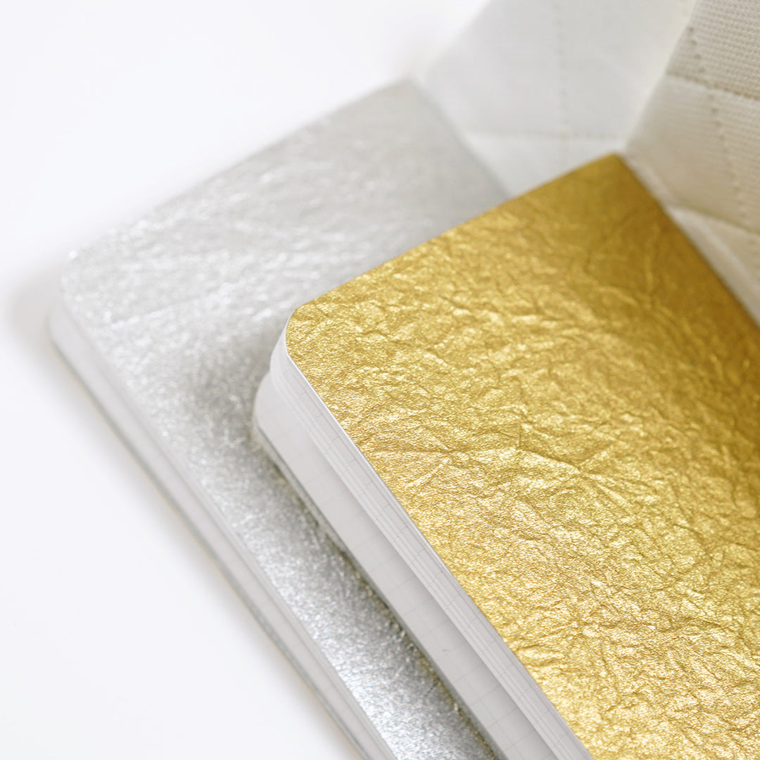 Thai Soft Metallic Momigami Paper in Gold and Silver, inside a Dapper Notes