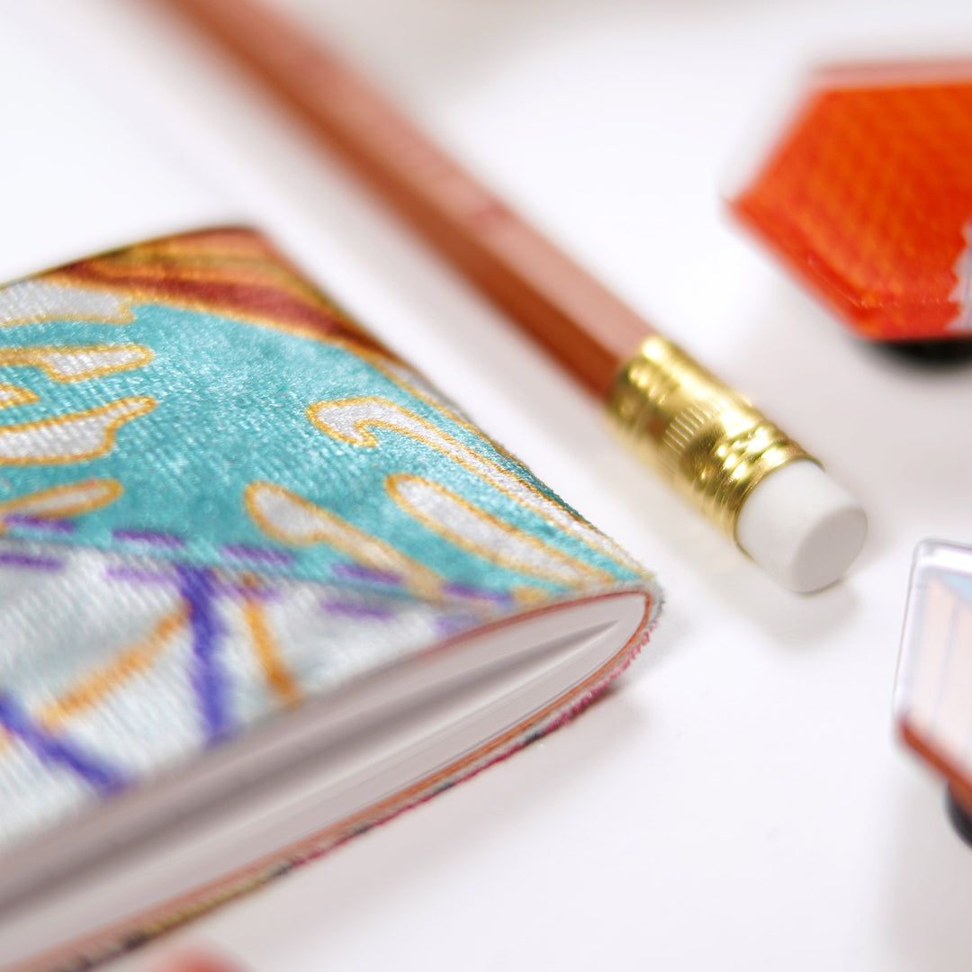 detail of marbled velvet contrado and Tennessee Red cedar pencil ferrule and eraser by Musgrave Pencils